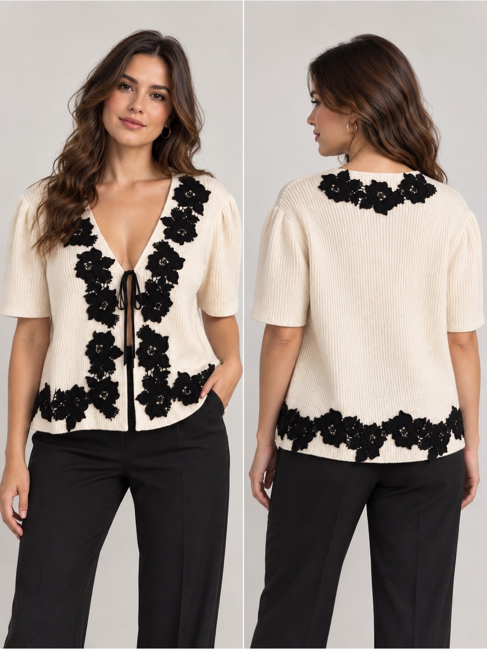 Derek Lam 10 Crosby Women's Maes Short Sleeve Cardigan with Lace Trim size XL